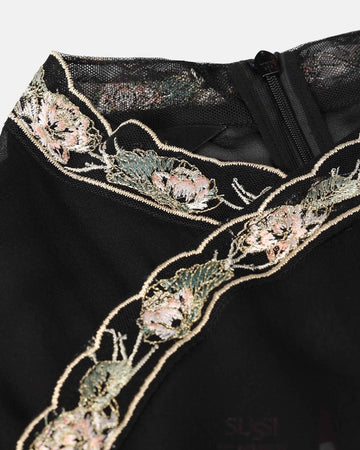 Chinese-Inspired Embroidered Cinched-Waist Shift Dress