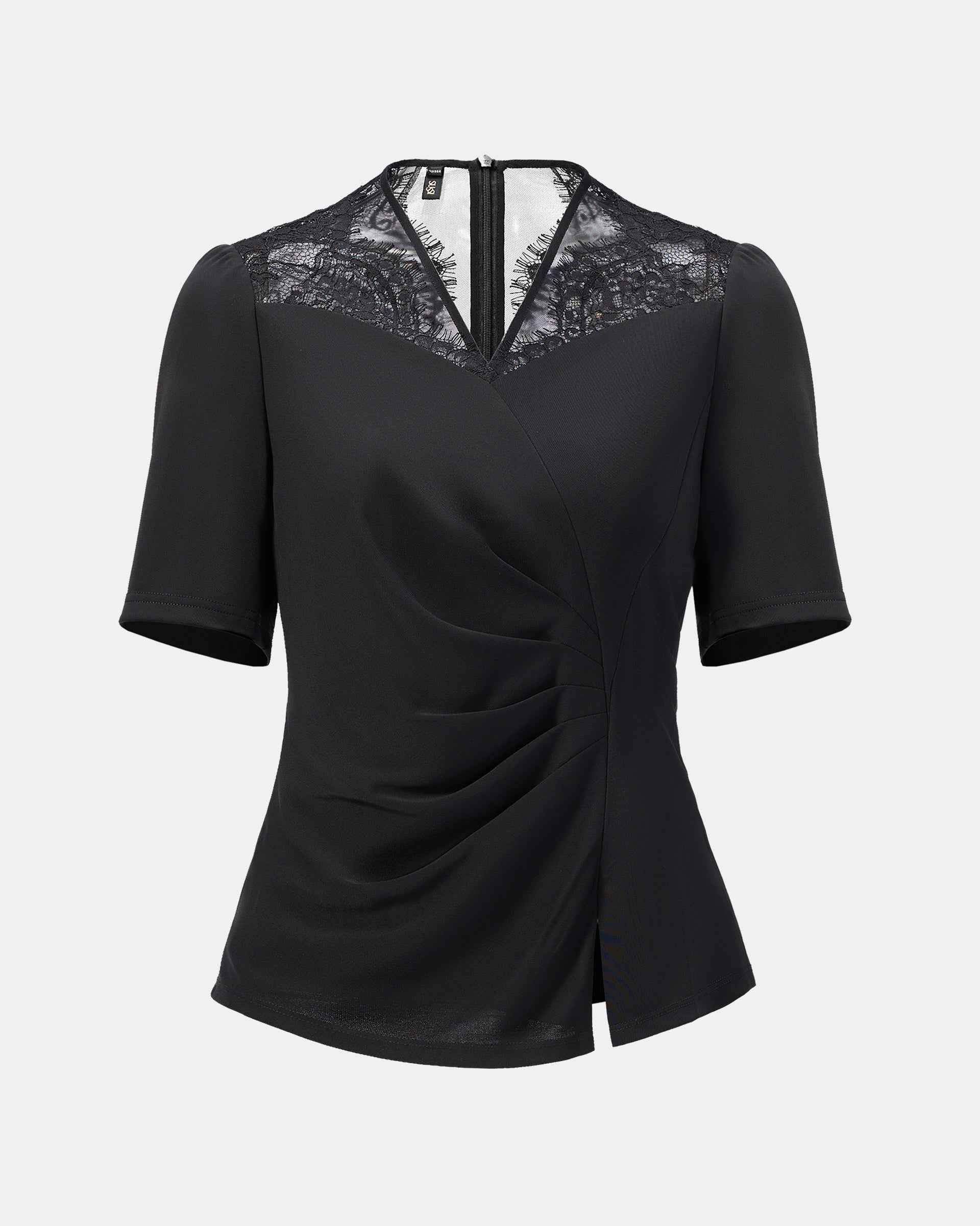 Chinese-inspired short-sleeve blouse with a tailored waist