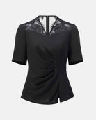 Chinese-inspired short-sleeve blouse with a tailored waist